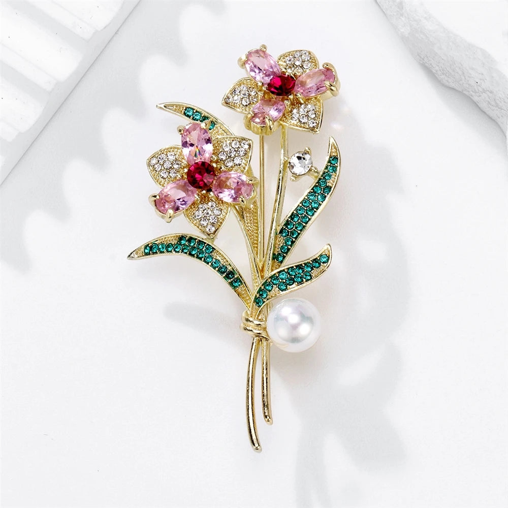 Fashion Glitter Flowers Rhinestone Sparking Sweet Brooches for Girls Elegant Floral Pins Jewelry for Women Ladies Accessories