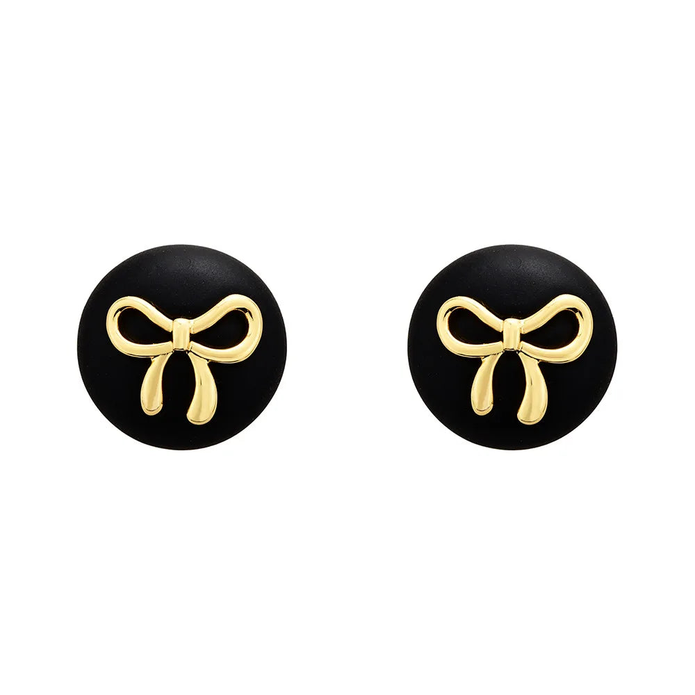 French Hepburn-style Round Stud Earrings Bowknot Black Retro Earrings Sweet Fashionable Elegant and High-end Ear Accessories