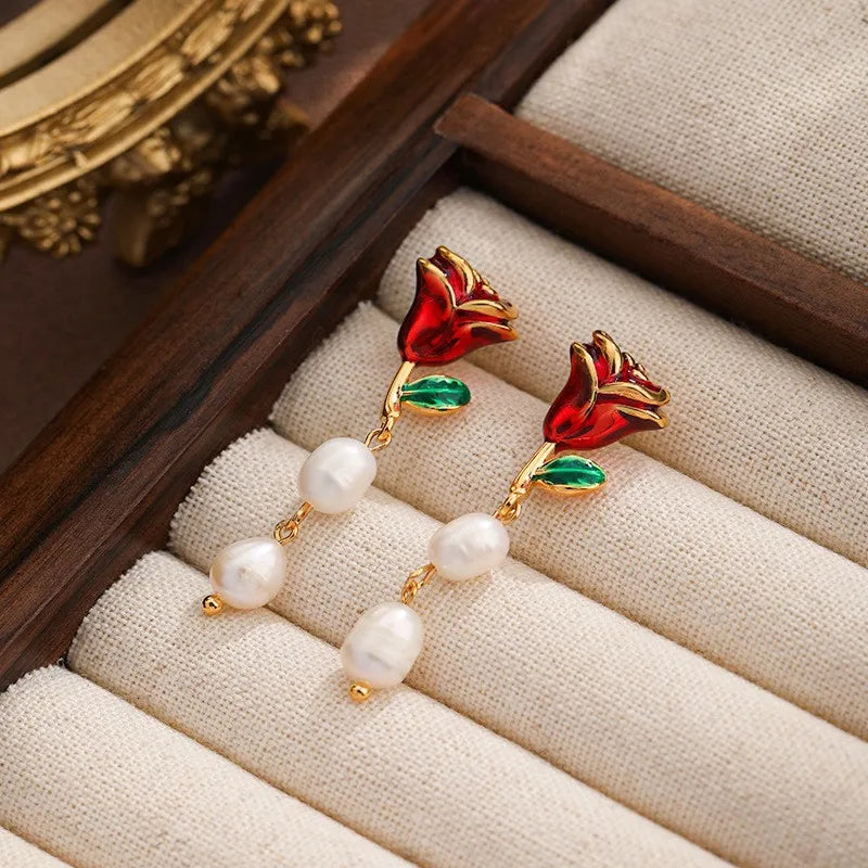 Fashion Flower Rose S925 Silver Copper 18K Gold Plated Freshwater Pearl Drop Earrings for Girls Sweet Jewelry for Women Ladies