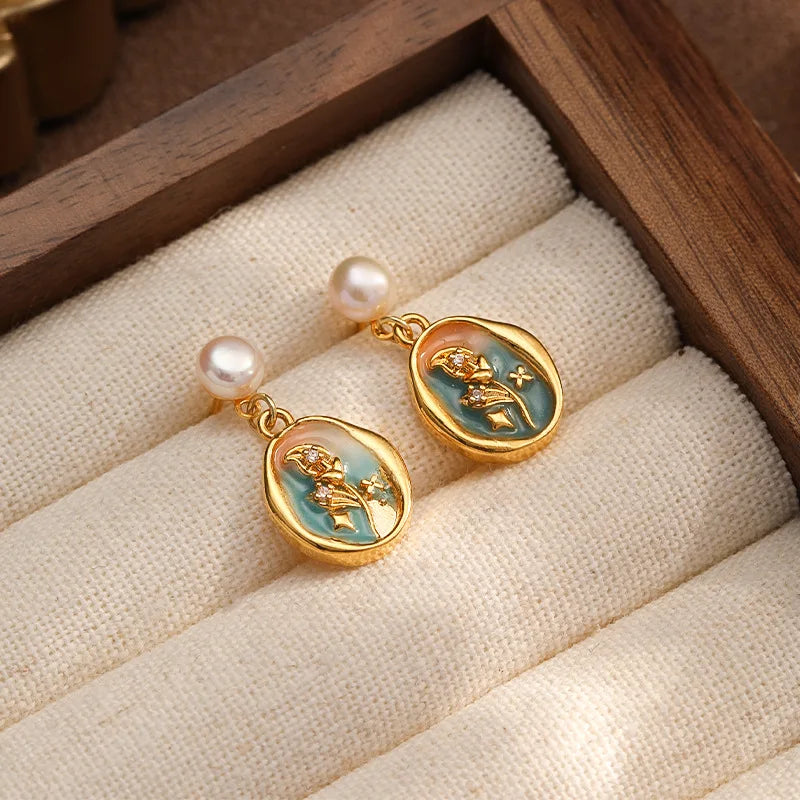 Female S925 Silver 18k Gold-plated Baroque Pearl Drip Glaze Hand-Painted Earring Vintage Elegant Low MOQ in Stock Jewelry