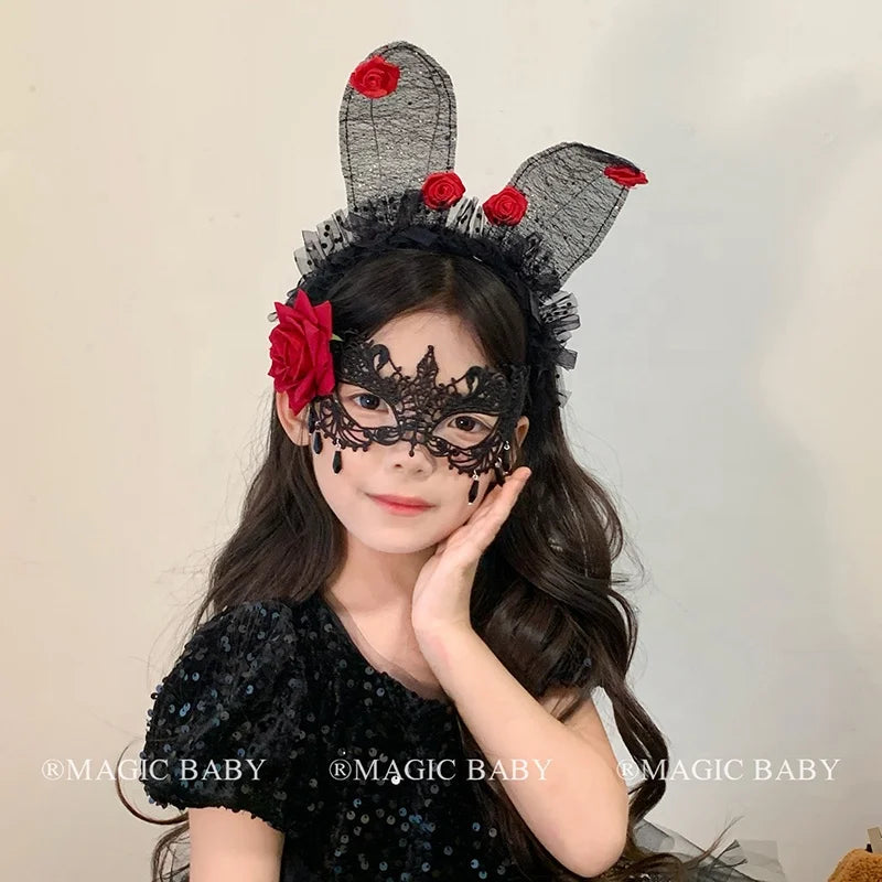 Halloween Mask for Kids Rose Spooky Elegant Children Face Mask Costume Party Accessory Trick or Treat Gift Vampire Gothic Theme