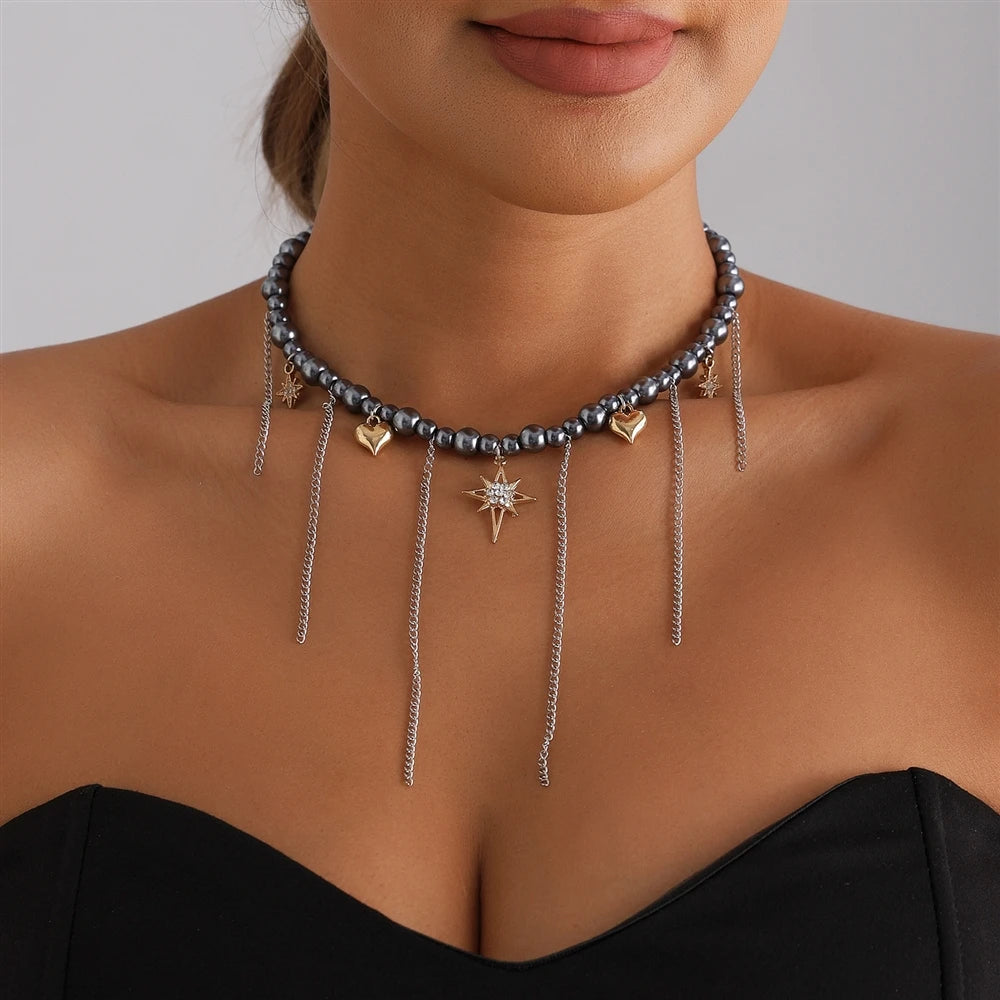 Fashion Beads Heart Link Tassel Necklaces for Girls Sweet Spicy Elegant Punk Y2K OOTD Jewelry for Women Ladies Accessories