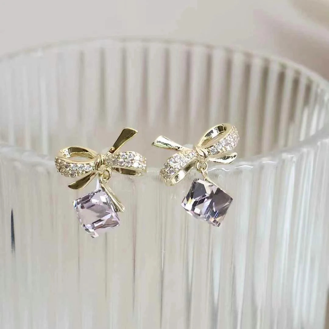 Sweet Fashion Elegant Flowers Floral Bowknot Rhinestone Drop Earrings for Girls Refined Glitter Jewelry for Women Accessories