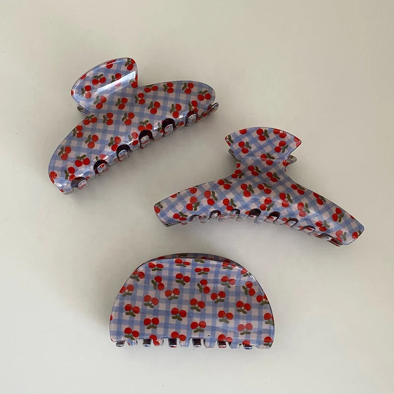 Female Acrylic Cherry Hair Claws Check Pattern Korean Simple Sweet Shark Hair Clip for Girls Hair Clutch Wholesale Accessories