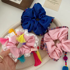 Girls Tassels Balls Decorative Solid Color Large Hair Ties Sweet Ethnic Fashion Ponytail Holder Scrunchies Accessories for Kids