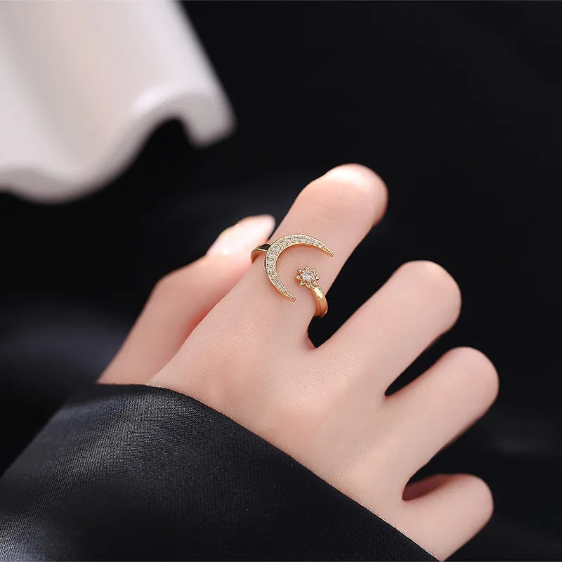 Hot Sale Elegant Dainty Moon and Star Open Rings Women Adjustable Cubic Zirconia Celestial Design Fashion Jewelry Gift Wholesale