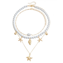 Fashion Imitation Pearl Ocean Star Layered Wearing Necklaces for Girls Sweet Elegant Dainty Jewelry for Women Ladies Accessories