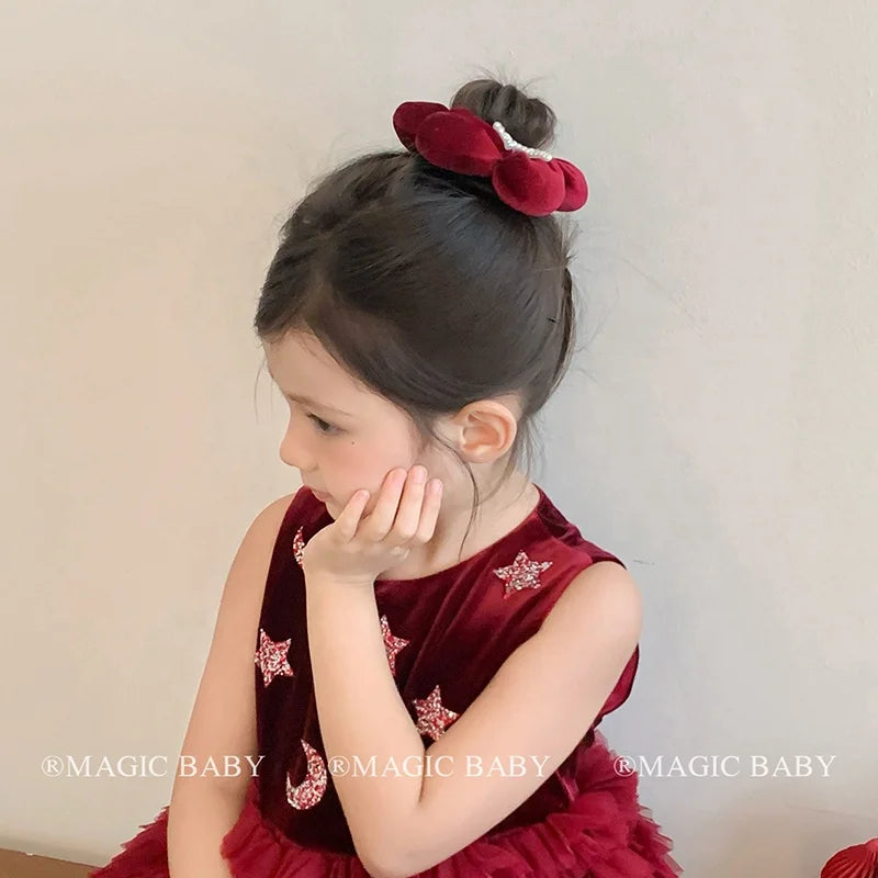 Sweet Fashion Cute Imitation Pearl Bowknot Velvet Hair Ties for Baby Girls Flower Scrunchies for Kids Children Hair Accessories