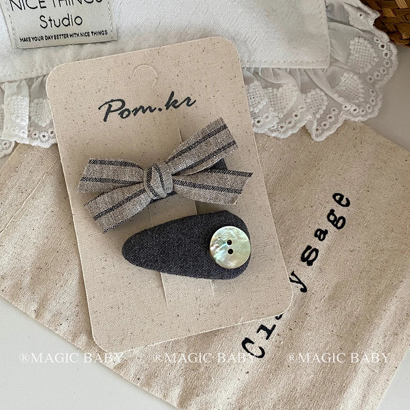 Fashion Bowknot Plaid Stripe Button Hair Clips for Baby Girls Cute Trendy Snap Clips for Kids Children Hair Accessories in Stock