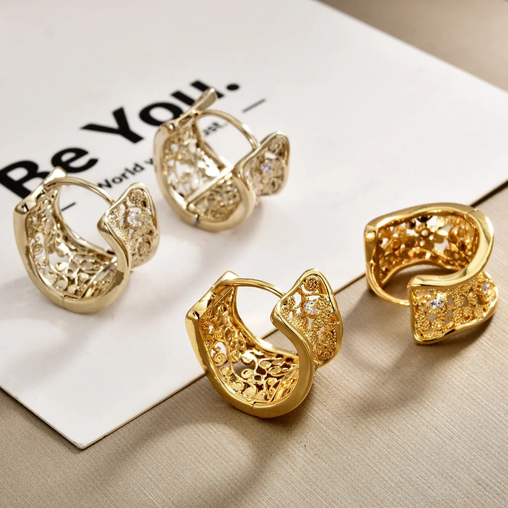 European and American Style Ear Buckle Copper Gold-plated Hollowed-out Zircon Hoop Earrings Light Luxury Retro Design Earrings