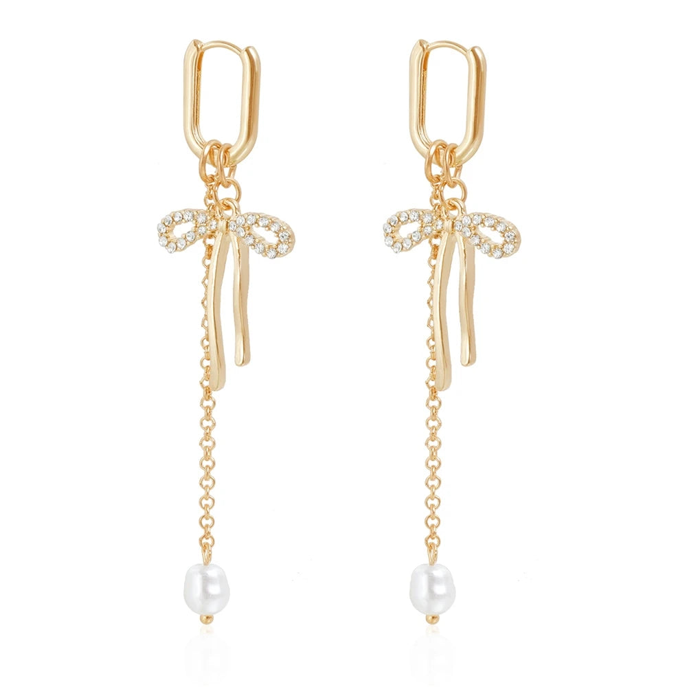 Fashion Bowknot Imitation Pearl Glitter Drop Earrings for Girls Sweet Elegant Glamorous Jewelry for Women Ladies Accessories