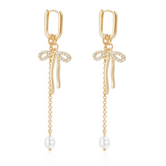 Fashion Bowknot Imitation Pearl Glitter Drop Earrings for Girls Sweet Elegant Glamorous Jewelry for Women Ladies Accessories