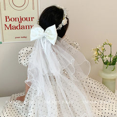 Cute Sweet Flower Tulle Bowknot Headband Glitter Imitation Pearl Hair Band Accessory for Baby Girls and Kids