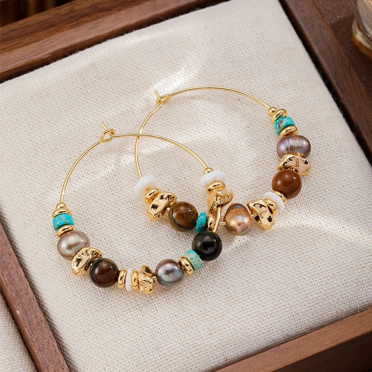 Fashion Tiger Eye Stone Turquoise Freshwater Pearl Shell Hoop Earrings for Girls 18K Gold Jewelry for Women Ladies Wholesale