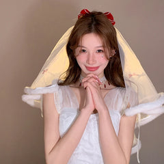 Halloween Red Velvet Bow Plush Veil Hair Clip Princess Bride Fairy Hair Accessories for Women Girls Party Festival Headwear