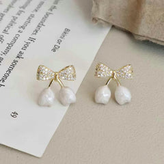 Vintage Retro Elegant Refined Drop Earrings for Girls Trendy Art Deco Bowknot Cherry Jewelry for Women Ladies Accessories Chic