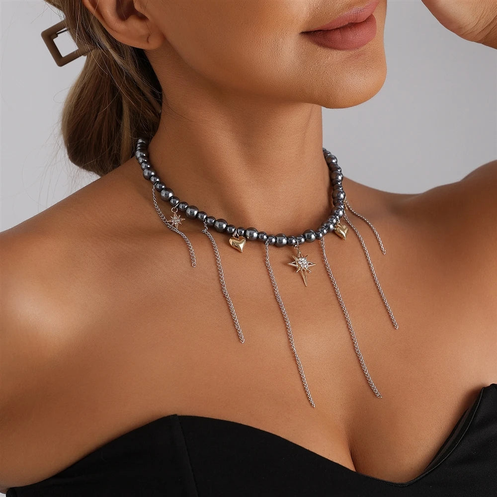 Fashion Beads Heart Link Tassel Necklaces for Girls Sweet Spicy Elegant Punk Y2K OOTD Jewelry for Women Ladies Accessories