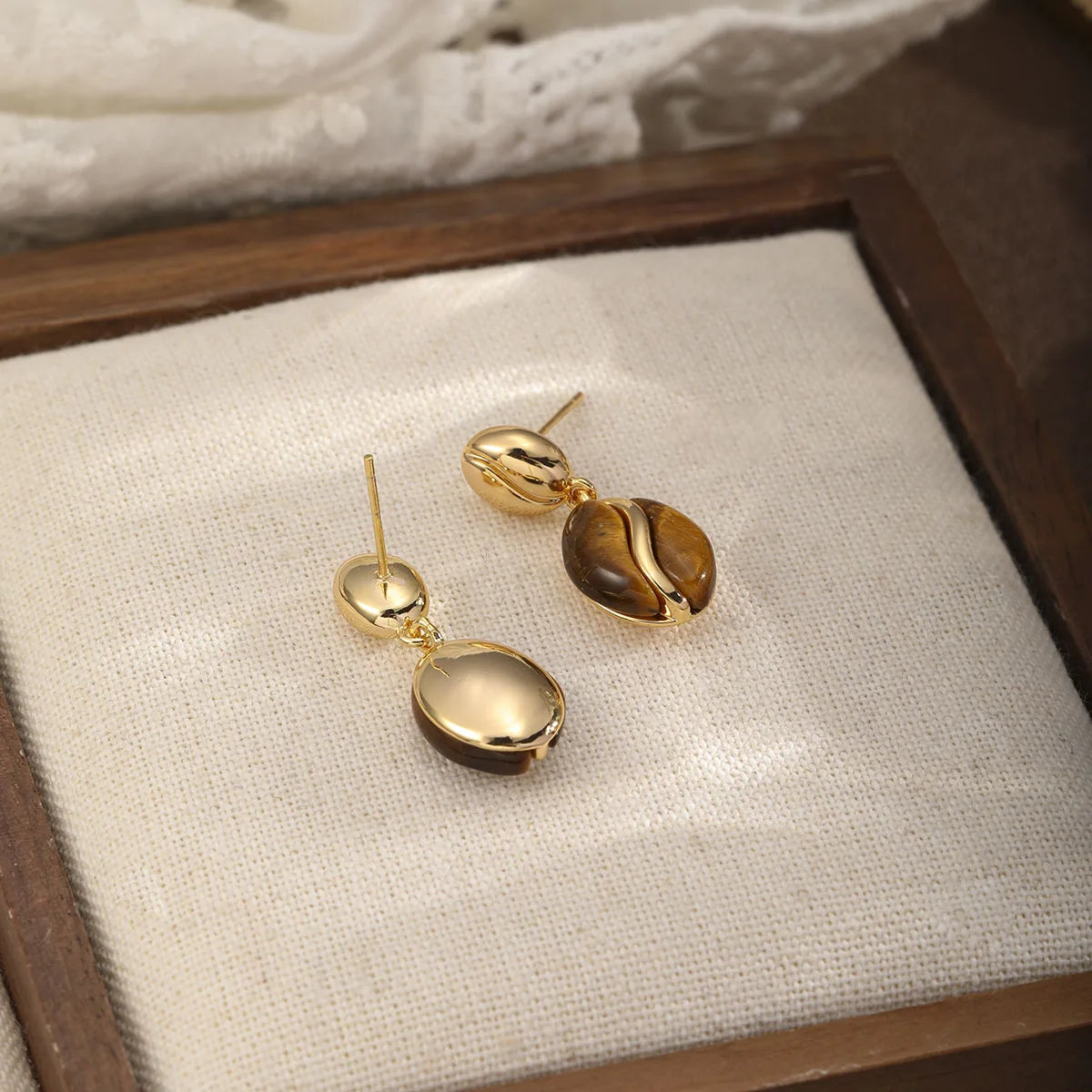 Fashion Tiger Eye Stone Copper 18K Gold Plated Drop Earrings for Girls Elegant Vintage Jewelry for Women Ladies Wholesale Bulk