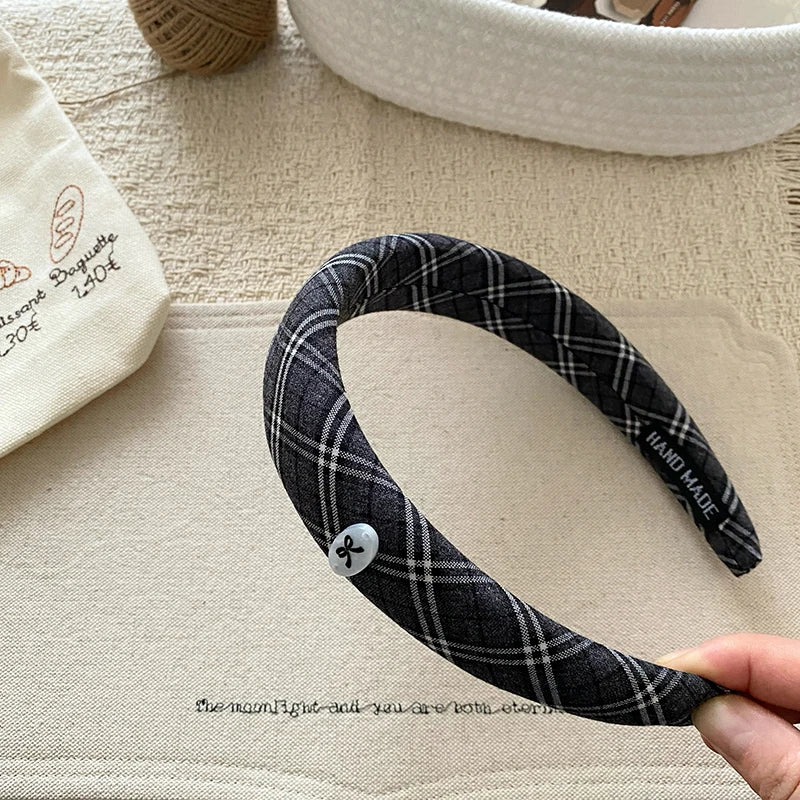 Women's Plaid Wide Headbands Navy Blue College Style Basic Model Hairband Elegant Retro Hair Accessories for Girls Wholesale
