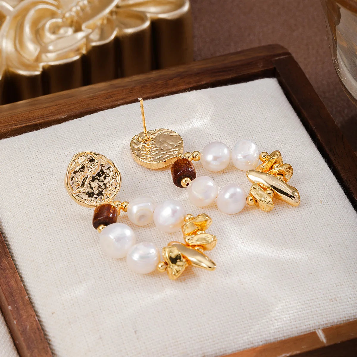 Fashion S925 Silver Freshwater Pearl Wood Copper 18K Gold Plated Drop Earrings for Girls Sweet Jewelry for Women Ladies Bulk