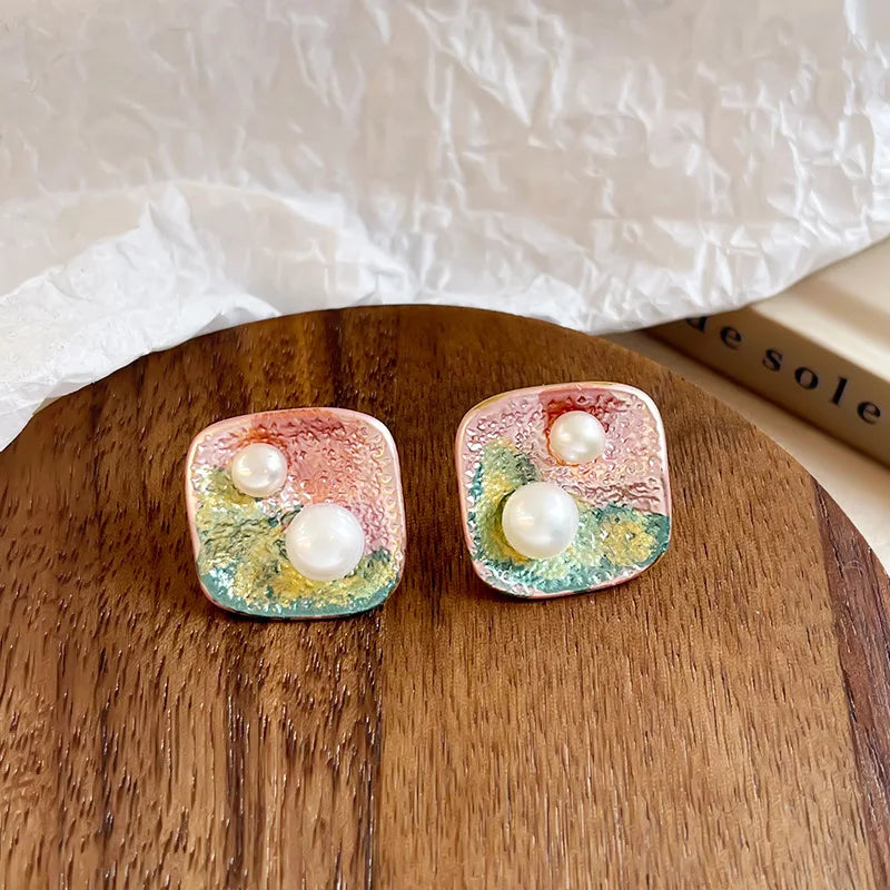 Women Flower Drip Glaze Hand-Painted Freshwater Pearl 18k Gold-plated S925 Silver Stud Earring Low MOQ in Stock Daily Jewelry