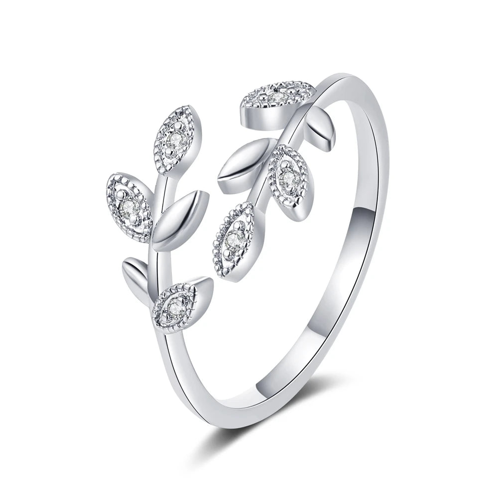 Fashionable Leaf Cross Rings for Women Zircon-encrusted Simple Leaf Open Rings Europe and America Trendy Accessories Wholesale