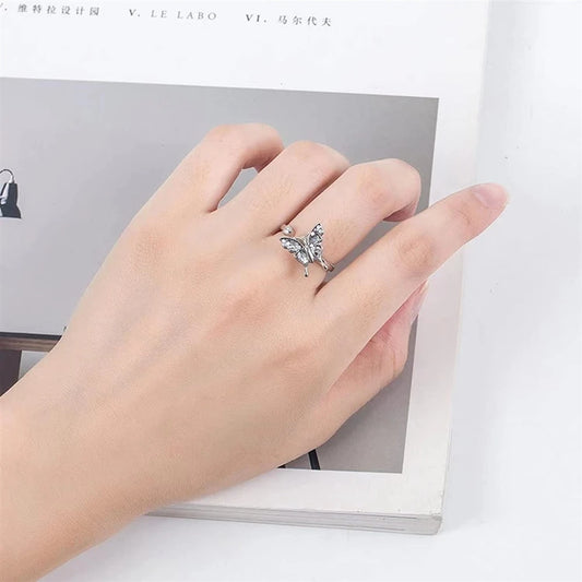 Silver Butterfly Open Ring Women's Adjustable Inlaid Crystal Fashion Jewelry Elegant Cute Stress-relief Ring Gift Idea Wholesale