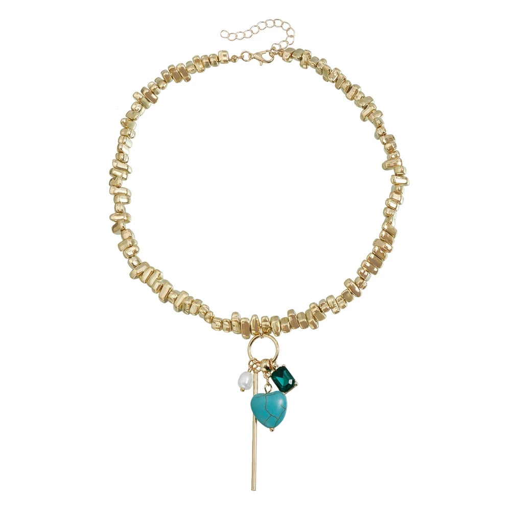 Fashion Drop Heart Shaped Mental Beads Glitter Necklaces for Girls Sweet Trendy Jewelry for Women Ladies Accessories Wholesale