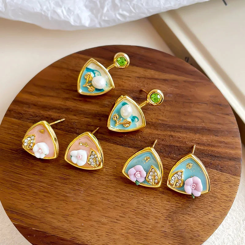 Women Triangle Flower Pink Green S925 Silver 18k Gold-plated Stud Earring Elegant Fashion Low MOQ in Stock Jewelry for Female