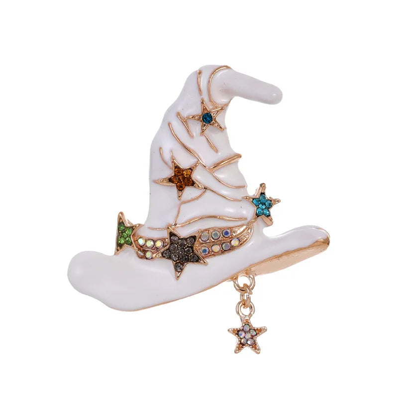 Fashion Trendy Sweet Witch Stylish Hat Brooches for Girls Gothic Halloween Pins Jewelry for Women Ladies Accessories Wholesale