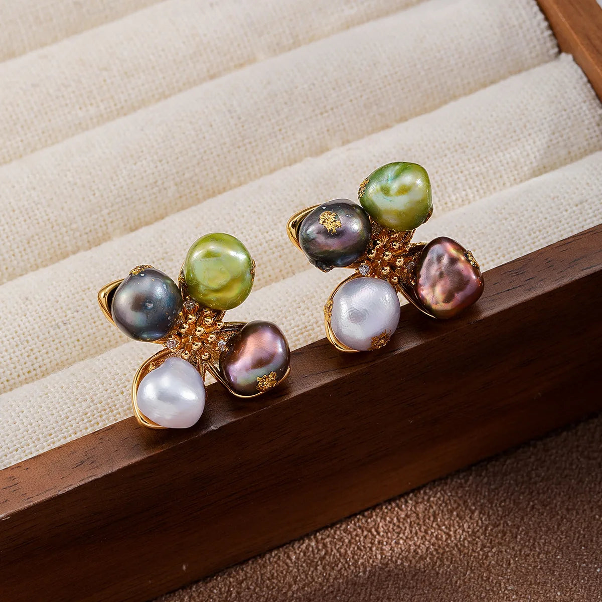 Women Green Brown Square Shape Freshwater Pearl S925 Silver 18k Gold-plated Stud Earring Fashion Vintage in Stock Daily Jewelry