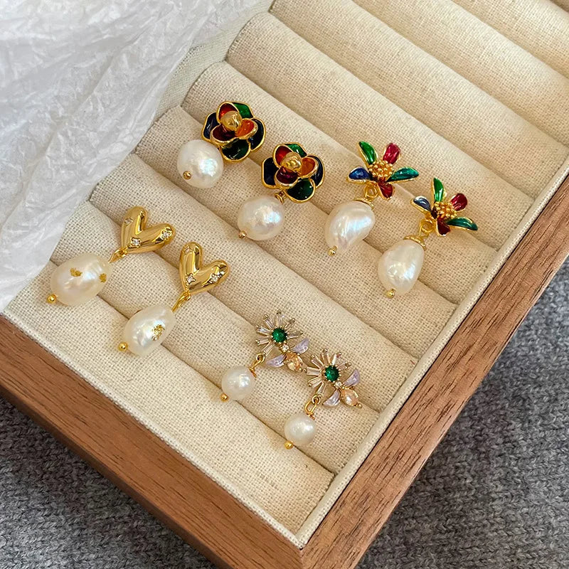 Fashion Freshwater Pearl Sweet Elegant S925 Silver Drop Earrings for Girls 18K Gold Plated Jewelry for Women Ladies Wholesale