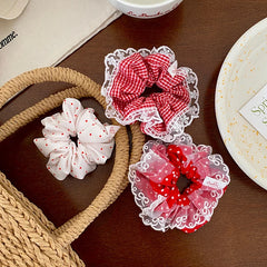 Girls Red Lace Dots Grid Small Scrunchies Fashion Sweet Wholesale in Stock Hair Ties Accessories for Children Daily School Use