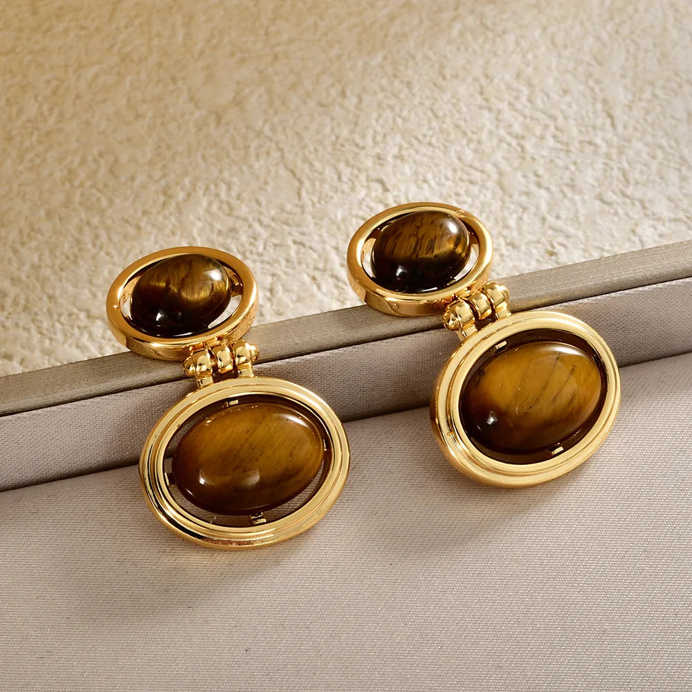 Retro Tiger Eye Stone and Faux Pearl Double Oval Drop Earrings Chic Statement Dangle Jewelry Women Ear Accessories Wholesale