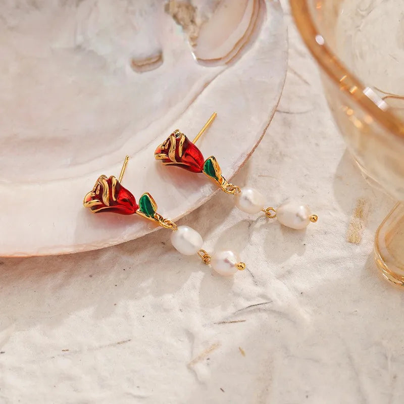 Fashion Flower Rose S925 Silver Copper 18K Gold Plated Freshwater Pearl Drop Earrings for Girls Sweet Jewelry for Women Ladies