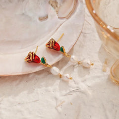 Fashion Flower Rose S925 Silver Copper 18K Gold Plated Freshwater Pearl Drop Earrings for Girls Sweet Jewelry for Women Ladies