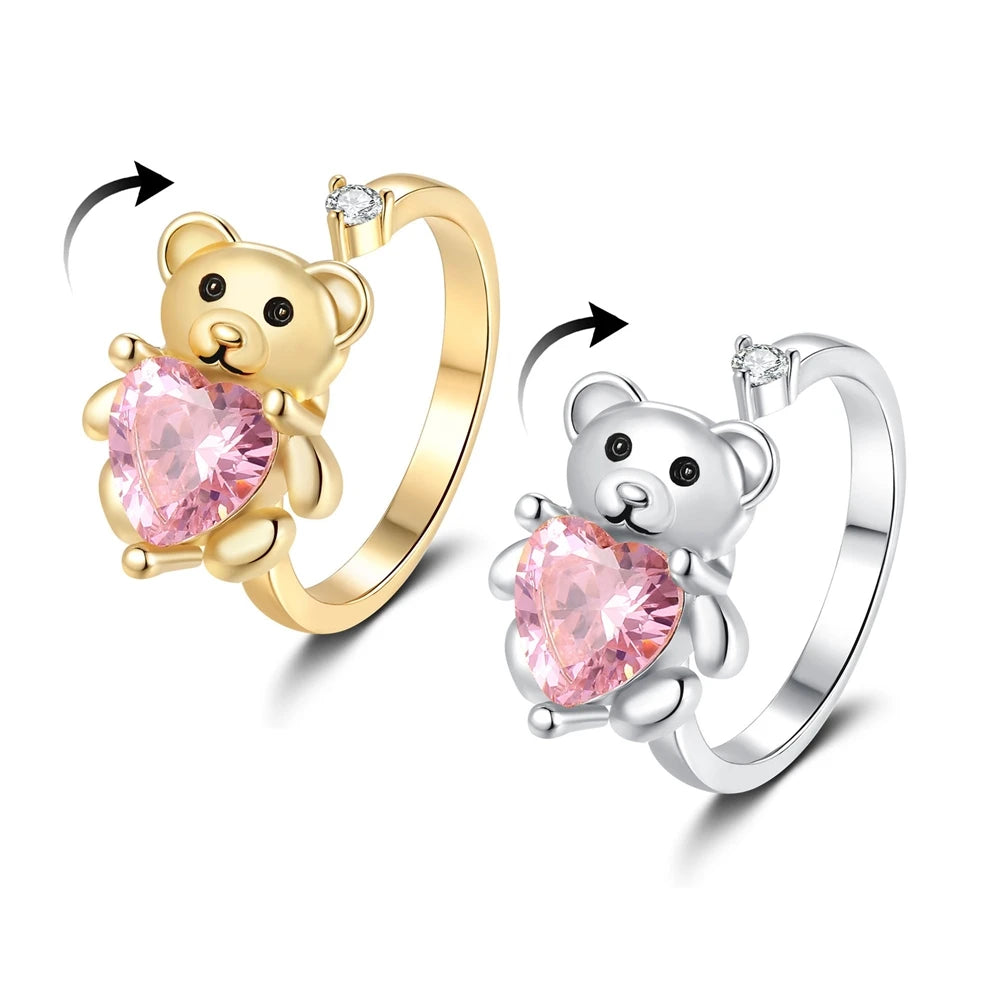 Cute Little Bear Rotating Rings Cartoon Pink Heart Stress-relief Rings for Women Couple Gift Trendy Accessory Wholesale Hot Sale