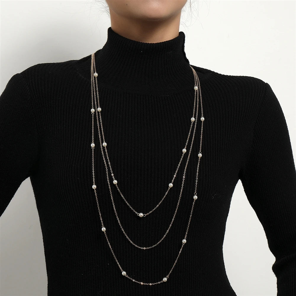 Fashion Simple Imitation Pearl Sweater Chain Necklaces for Girls Sweet Elegant Minimalistic Jewellry for Women Ladies Accessory