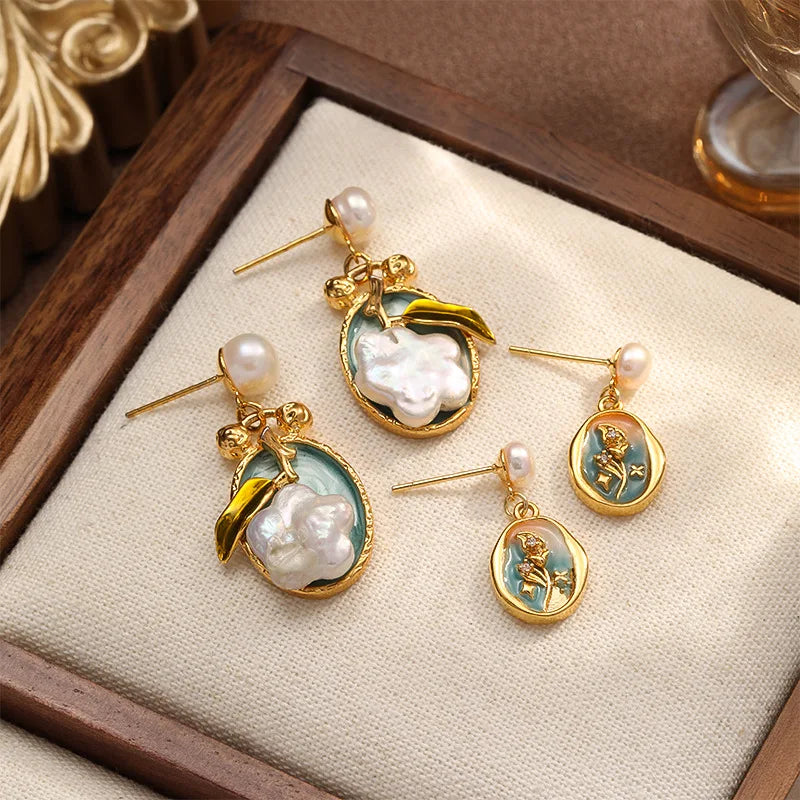 Female S925 Silver 18k Gold-plated Baroque Pearl Drip Glaze Hand-Painted Earring Vintage Elegant Low MOQ in Stock Jewelry
