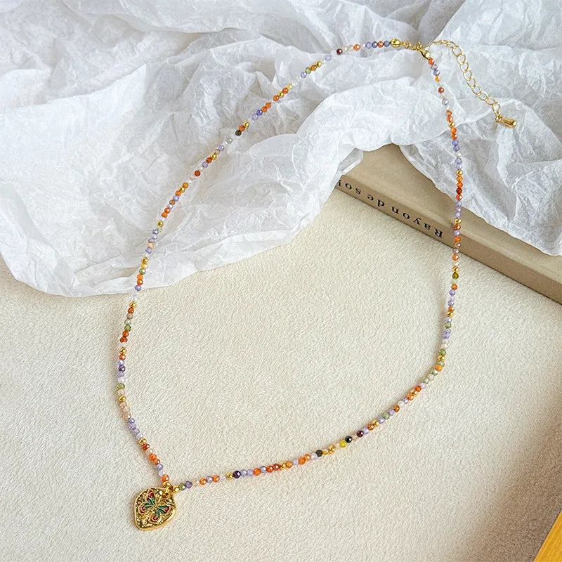 Female Heart Shape Natural Stone Beads Enamel Necklace Earring Fashion Vintage Low MOQ Jewelry Sets for Women Daily Causal