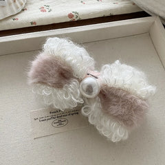 Fashion Bowknot Sweet Imitation Pearl Hair Clips for Girls Elegant Fluffy Cute Banana Clips for Women Ladies Accessories Chic