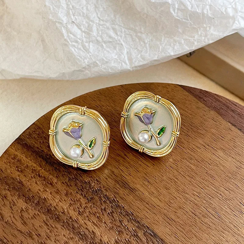 Fashion S925 Silver Freshwater Pearl Stud Earrings for Girls Sweet Flower Drip Glaze 18K Gold Jewelry for Women Ladies Wholesale