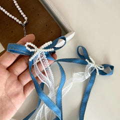 Cute Sweet Demin Ribbon Bowknot Hair Clips for Baby Girls Lace Imitation Pearl Alligators for Kids Children Hair Accessories