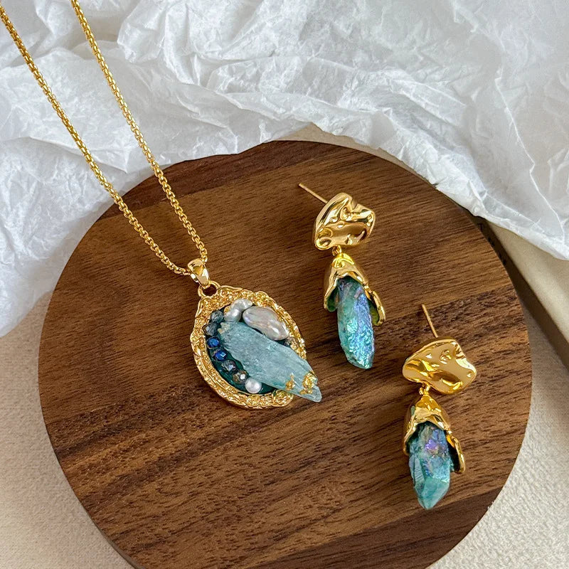 Fashion Copper 18K Gold Jewelry Sets for Girls Earrings Necklaces Aquamarine Crystal for Women Ladies Wholesale Bulk Luxury