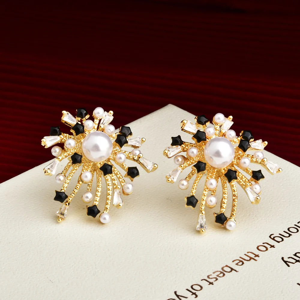 Gold Electroplated Zircon Stud Earrings Engraved Fireworks Imitation Pearl Ear Studs Fashion Exquisite Earring Jewelry for Women
