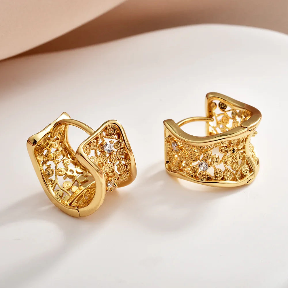 European and American Style Ear Buckle Copper Gold-plated Hollowed-out Zircon Hoop Earrings Light Luxury Retro Design Earrings