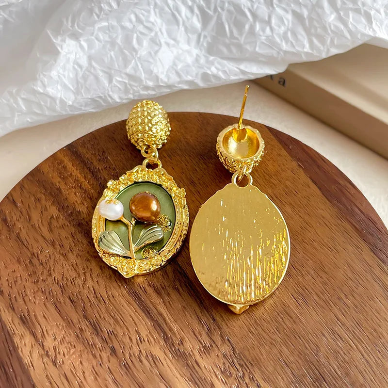 Fashion Vintage Flower Copper 18K Gold Plated S925 Silver Freshwater Pearl Drop Earrings for Girls Jewelry for Women Ladies