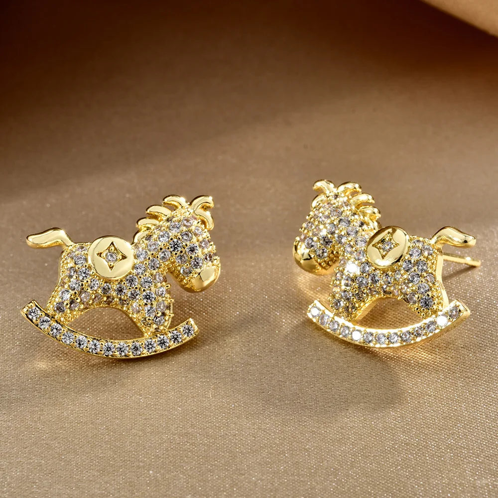 Horse Year Fashion Earrings Stud Flash Zodiac Red Cute Trojan Horse Earrings Light Luxury High-end Earrings for New Year Bulk