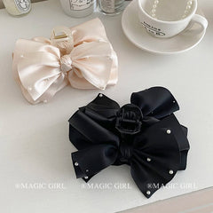 Solid Color French Princess Style Bowknot Imitation Pearl Hair Claw Clips Women's Daily Hair Accessories Ladies Fabric Hair