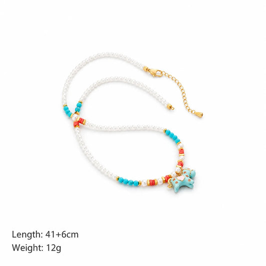 Women Blue Horse Imitation Pearl Natural Pearl 18k Gold-plated Drip Glaze Hand-Painted Necklace Fashion Cute in Stock Jewelry